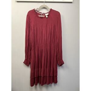Knox Rose Tiered Dress Womens XL‎ Boho Smocked Midi Burgundy Peasant